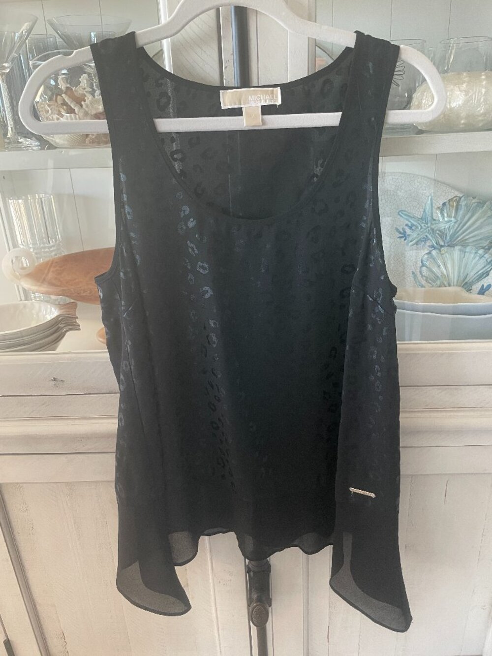 MICHAEL KORS BLACK SHEER ANIMAL METALLIC TUNICY TANK TOP SIZE MEDIUM PREOWNED